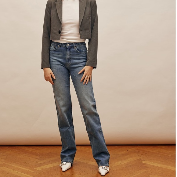 Djerf Avenue Straight Jeans Mid Blue Tall - Size 25 - Picture 9 of 11